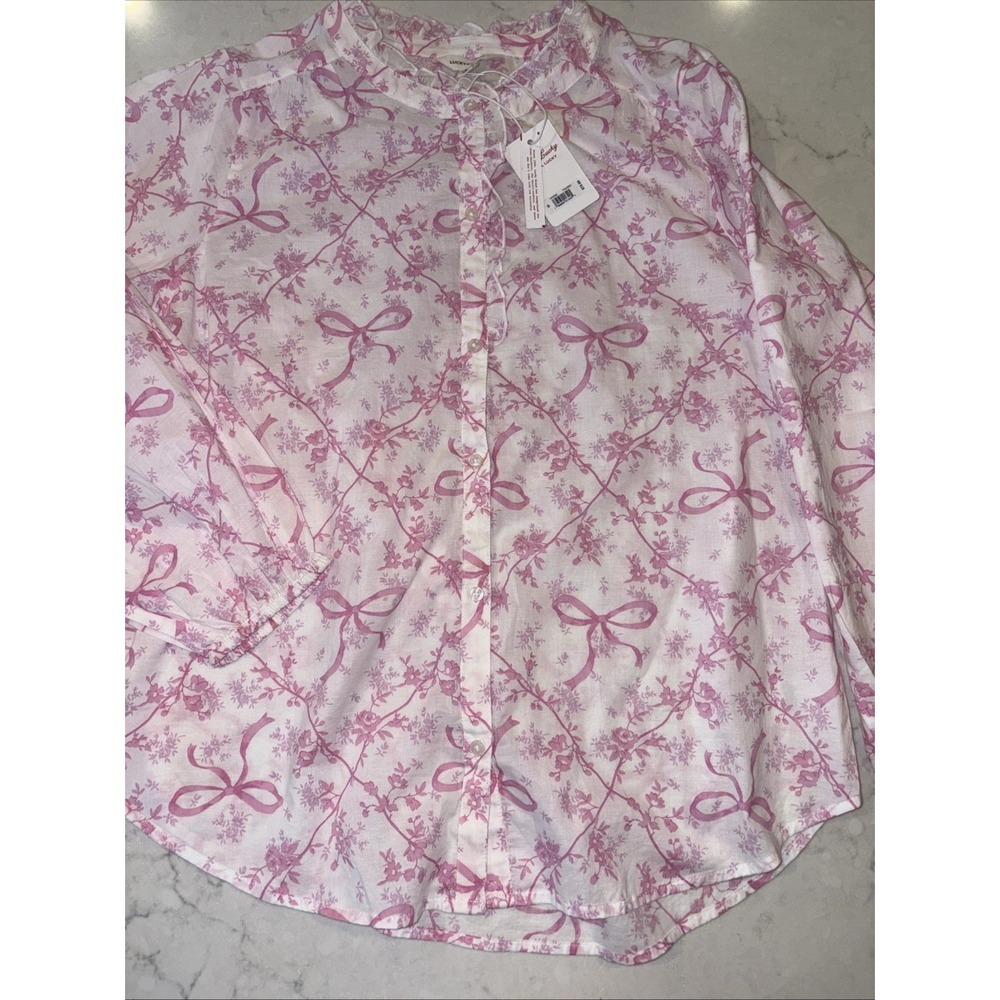 Lucky Brand Womens M Pink Toile Romantic Bows Blouse Cotton Ruffles Cottagecore